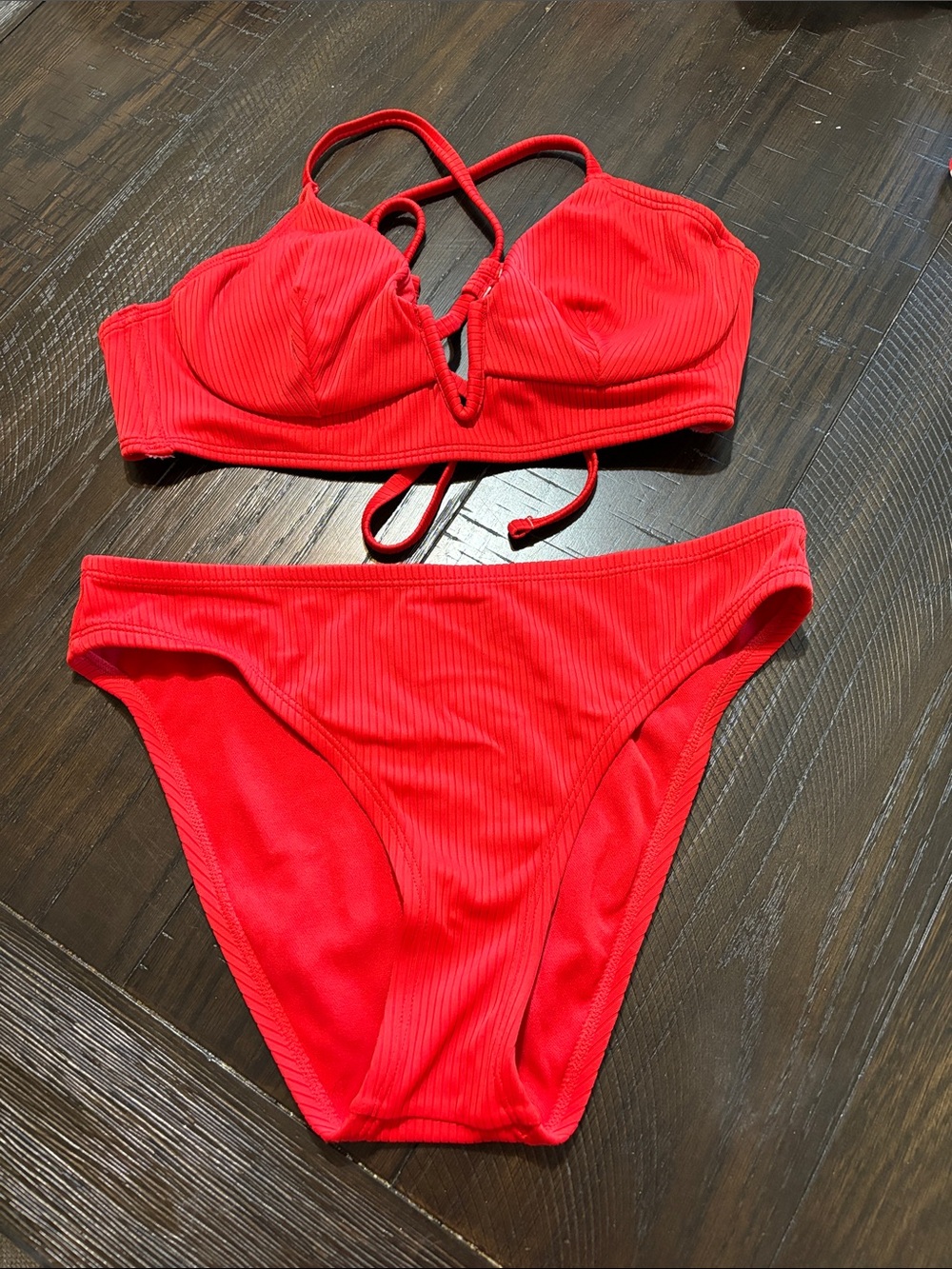 Shade & Shore Red Ribbed Underwire Bikini Set